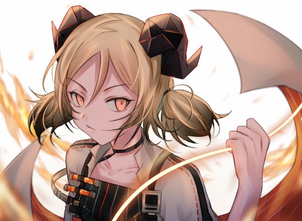 Anime picture 1300x954 with arknights ifrit (arknights) haku wi single short hair blonde hair twintails holding looking away upper body horn (horns) orange eyes short twintails girl choker flame