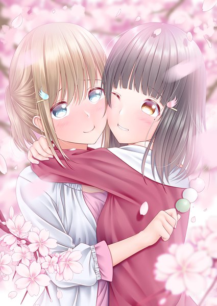 Anime picture 1416x2000 with original naginagiwaffle long hair tall image blush fringe blue eyes black hair smile hair between eyes brown hair multiple girls holding yellow eyes upper body blunt bangs one eye closed mole hug mole under eye