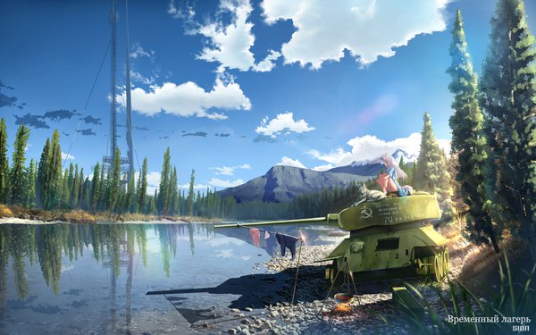 Anime picture 1920x1200 with original sion005 single long hair blush fringe highres blue eyes light erotic smile sitting signed animal ears looking away sky silver hair cloud (clouds) full body bent knee (knees) outdoors