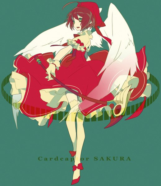 Anime picture 1100x1274 with card captor sakura clamp kinomoto sakura mochizuki kei single tall image looking at viewer short hair brown hair standing holding green eyes parted lips looking back short sleeves copyright name outstretched arm angel wings green background transparent