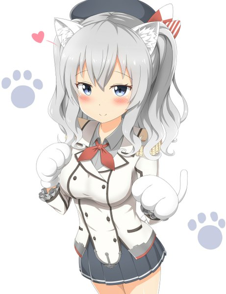 Anime-Bild 999x1299 mit kantai collection kashima training cruiser nedia (nedia region) single long hair tall image blush fringe simple background smile standing white background twintails animal ears looking away silver hair tail animal tail from above cat ears