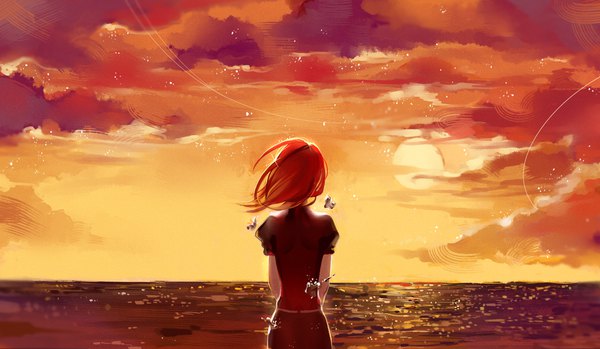 Anime picture 1856x1080 with houseki no kuni cinnabar (houseki no kuni) longyu single highres short hair wide image standing sky red hair wind from behind puffy sleeves evening sunset horizon androgynous red sky sea sun