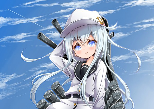 Anime picture 965x682 with kantai collection hibiki destroyer verniy destroyer mana12 single long hair looking at viewer blush blue eyes smile sky silver hair cloud (clouds) arm behind head hammer and sickle girl headdress clothes