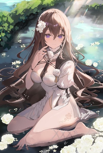 Anime picture 1000x1483 with original necomi (gussan) single long hair tall image looking at viewer fringe breasts light erotic hair between eyes brown hair large breasts sitting purple eyes full body outdoors barefoot hair flower sunlight tattoo