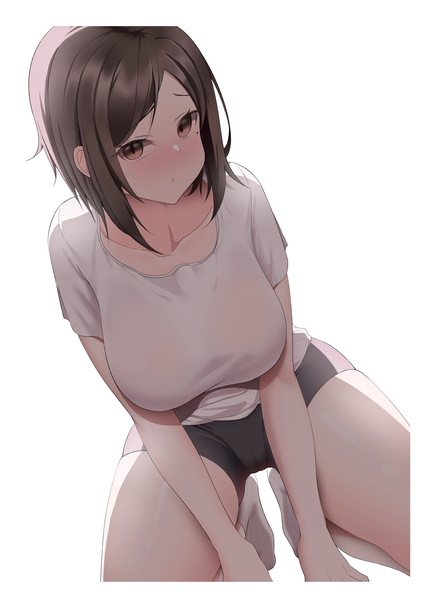 Anime picture 2894x4093 with dumbbell nan kilo moteru? doga kobo tachibana satomi sang4521 single tall image looking at viewer blush fringe highres short hair breasts light erotic simple background brown hair large breasts white background brown eyes mole short sleeves