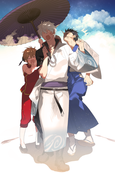 Anime picture 1716x2574 with gintama sunrise (studio) sakata gintoki kagura (gintama) shimura shinpachi sennen suisei tall image blush fringe highres short hair open mouth black hair hair between eyes standing holding payot sky cloud (clouds) full body