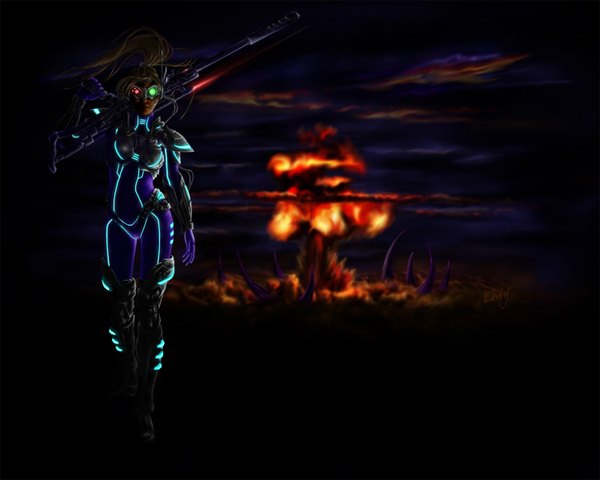 Anime picture 1500x1200 with starcraft blizzard entertainment nova (starcraft) ghost (starcraft) lanty-ka single long hair brown hair cloud (clouds) ponytail lips realistic night sky explosion girl gun pilot suit sniper rifle