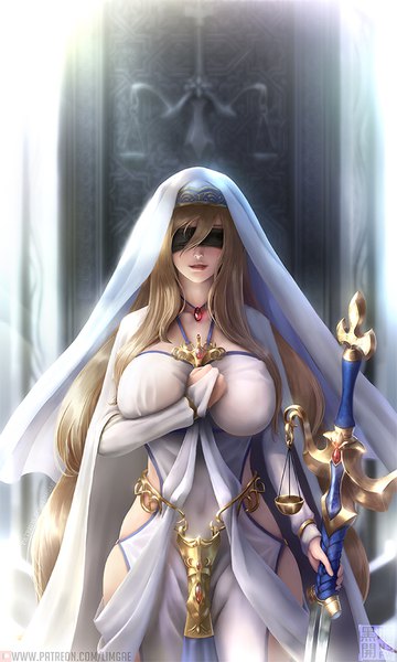 Anime picture 600x1000 with goblin slayer! sword maiden limgae single tall image blush fringe breasts light erotic blonde hair smile standing holding signed cleavage very long hair parted lips realistic lipstick huge breasts