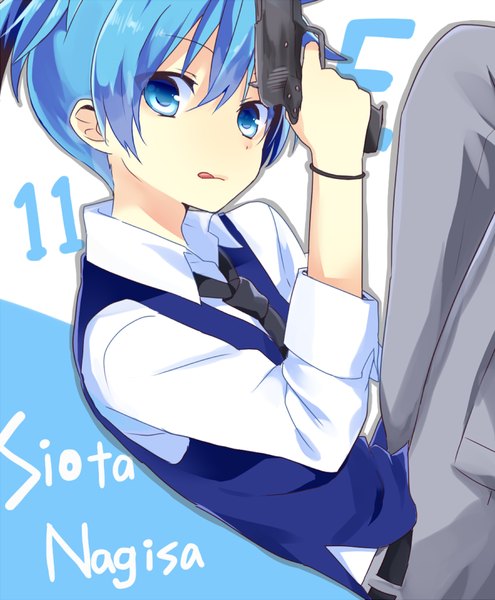 Anime picture 690x835 with ansatsu kyoushitsu shiota nagisa hi-ma single tall image looking at viewer fringe short hair blue eyes hair between eyes twintails blue hair character names short twintails embryo's pose boy uniform weapon school uniform tongue