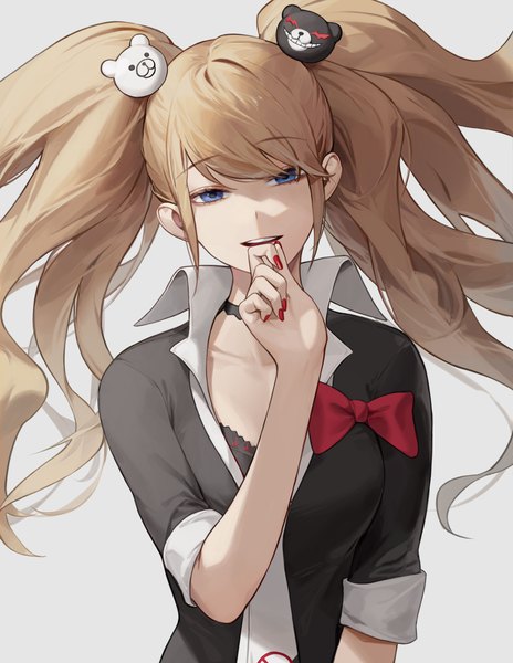 Anime picture 3034x3922 with dangan ronpa enoshima junko cotta (heleif) single long hair tall image highres blue eyes simple background blonde hair twintails payot absurdres upper body nail polish grey background hand to mouth red nail polish girl hair ornament
