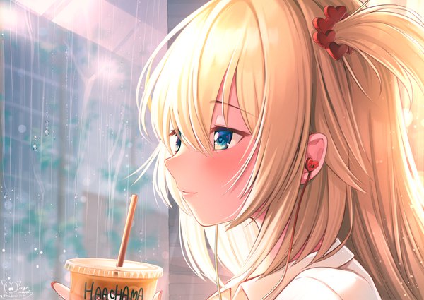 Anime picture 2000x1415 with virtual youtuber hololive akai haato magowasabi single long hair blush fringe highres blue eyes blonde hair hair between eyes signed looking away indoors nail polish light smile twitter username one side up symbol-shaped pupils