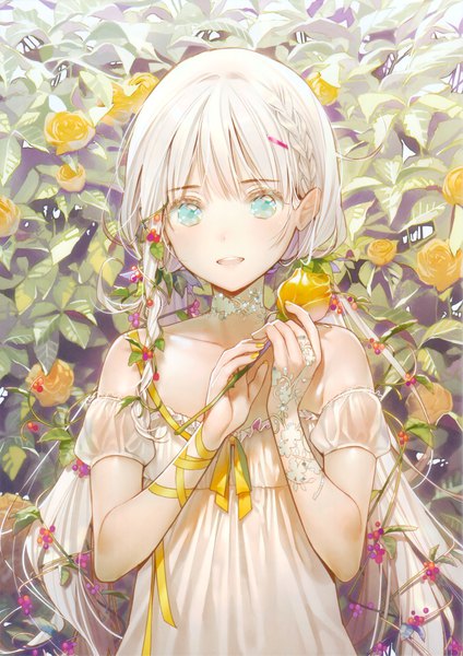 Anime picture 2144x3032 with original dsmile single long hair tall image looking at viewer fringe highres open mouth blonde hair bare shoulders nail polish head tilt hair flower fingernails scan happy revision yellow nail polish girl