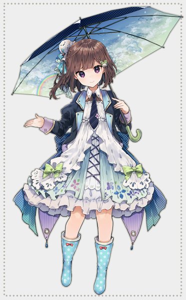 Anime picture 1082x1743 with original ikeuchi tanuma single tall image looking at viewer blush fringe short hair simple background smile brown hair standing purple eyes holding full body blunt bangs head tilt grey background one side up frilled dress