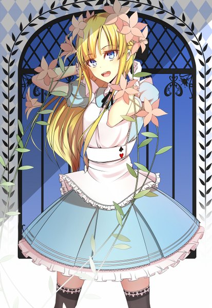 Anime picture 1000x1450 with original koyaya (sorano) single long hair tall image looking at viewer open mouth blue eyes blonde hair cropped girl thighhighs dress flower (flowers) black thighhighs leaf (leaves)