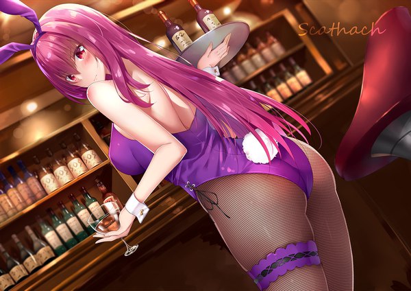 Anime picture 1414x1000 with fate (series) fate/grand order scathach (fate) (all) scathach (fate) rong yi tan single long hair looking at viewer blush fringe breasts light erotic hair between eyes red eyes large breasts standing holding animal ears purple hair ass