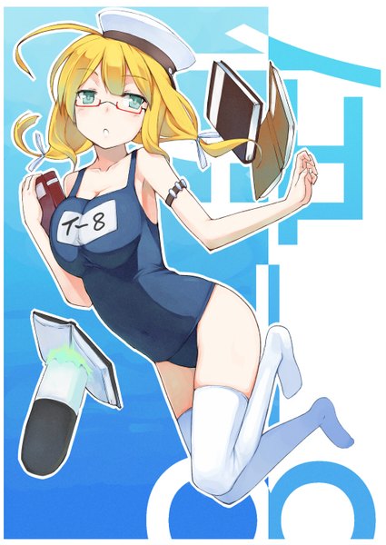 Anime picture 1024x1446 with kantai collection i-8 submarine pen (artist) single long hair tall image looking at viewer breasts light erotic blonde hair large breasts twintails green eyes no shoes character names low twintails magic weightlessness :< girl