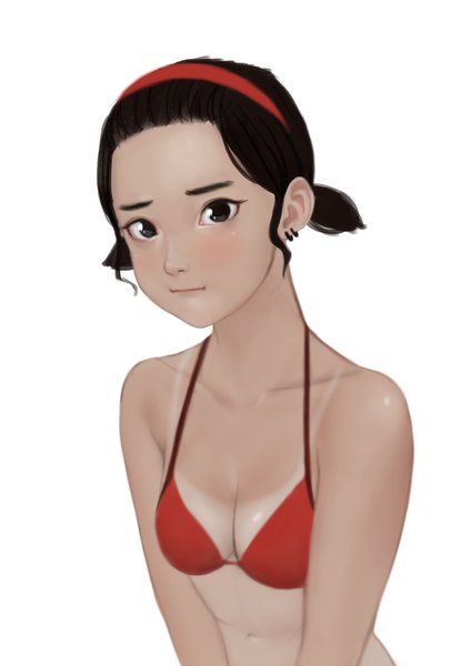 Anime picture 2480x3508 with original gina (jubi) jubi (regiana) single tall image looking at viewer highres short hair breasts light erotic simple background brown hair white background twintails cleavage upper body black eyes realistic piercing low twintails