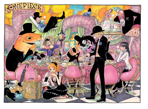 Anime picture 1766x1300 with one piece toei animation nami (one piece) monkey d. luffy nico robin roronoa zoro sanji tony tony chopper usopp franky brook (one piece) oda eiichirou long hair fringe highres short hair breasts black hair blonde hair smile