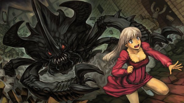 Anime picture 2560x1440 with dragon's crown vanillaware single long hair highres open mouth blue eyes red eyes wide image cleavage white hair teeth city sharp teeth running street dust girl dress boy