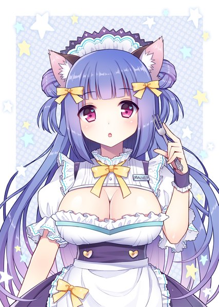 Anime picture 1105x1553 with original mauve single long hair tall image light erotic animal ears blue hair cleavage pink eyes cat ears maid cat girl girl dress uniform headdress star (symbol) maid headdress