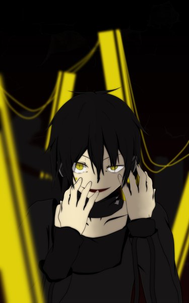 Anime picture 1250x2000 with kagerou project shaft (studio) konoha (kagerou project) kuroha nora' single tall image looking at viewer fringe short hair black hair smile yellow eyes head tilt arms up crazy smile crazy boy