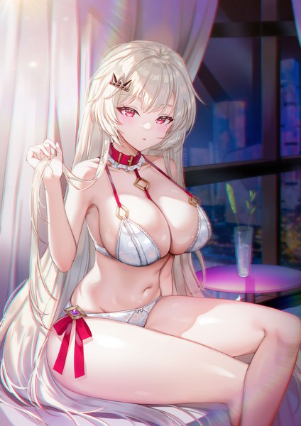 Anime picture 2480x3508 with original cream (cream) picter single tall image looking at viewer blush fringe highres breasts light erotic hair between eyes red eyes large breasts sitting payot silver hair bent knee (knees) indoors very long hair