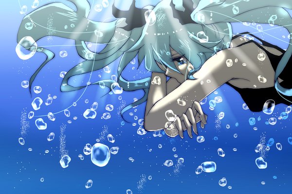 Anime picture 2767x1848 with vocaloid shinkai shoujo (vocaloid) hatsune miku ri-rihoo single long hair highres twintails bare shoulders aqua eyes aqua hair armpit (armpits) alternate costume tears looking down blue background crossed arms underwater crying girl