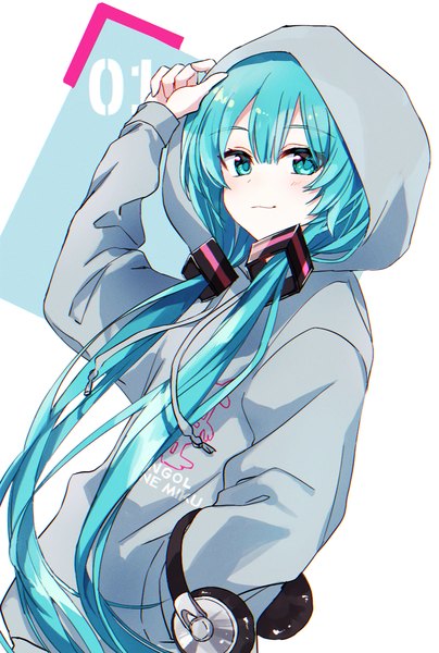 Anime picture 880x1308 with vocaloid hatsune miku ozblpnt single long hair tall image looking at viewer blush fringe simple background hair between eyes white background twintails arm up aqua eyes light smile aqua hair low twintails hand in pocket girl