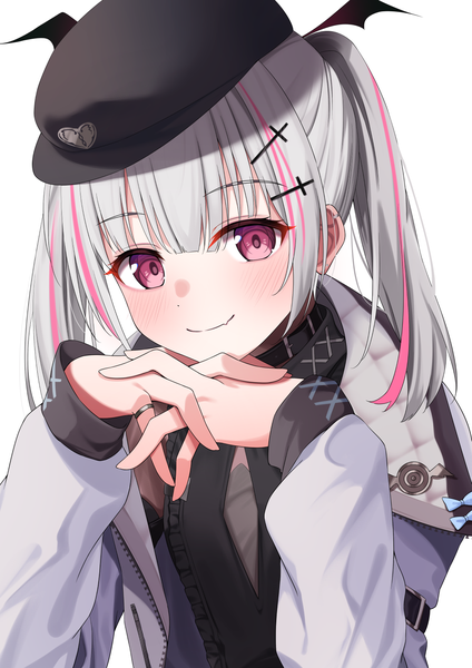 Anime picture 1158x1637 with virtual youtuber vspo! cattleya regina games asumi sena syurimp single long hair tall image looking at viewer blush simple background smile white background twintails silver hair upper body pink eyes multicolored hair streaked hair interlocked fingers