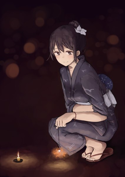 Anime picture 2508x3541 with original rutchifu single long hair tall image highres black hair holding brown eyes looking away bent knee (knees) traditional clothes japanese clothes hair flower hair bun (hair buns) squat girl hair ornament flower (flowers) bracelet
