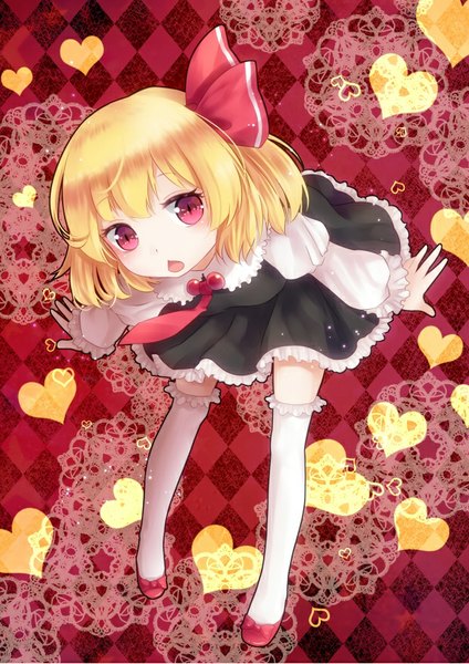 Anime picture 620x877 with touhou rumia nunucco single tall image looking at viewer blush fringe short hair open mouth blonde hair red eyes red background rhombus girl thighhighs dress bow hair bow white thighhighs