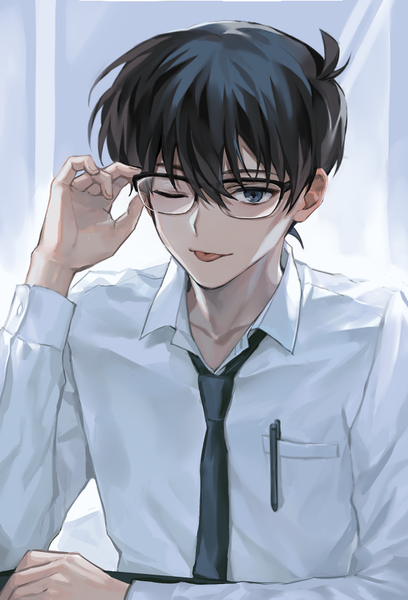 Anime picture 612x900 with detective conan kudou shinichi ha nee2 single tall image looking at viewer fringe short hair blue eyes black hair hair between eyes upper body long sleeves one eye closed wink open collar adjusting glasses bespectacled boy shirt