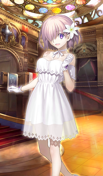 Anime picture 1024x1750 with fate (series) fate/grand order mash kyrielight mash kyrielight (formal dress) jehanne lov single tall image fringe short hair open mouth standing purple hair bent knee (knees) indoors hair flower hair over one eye official art official alternate costume light happy