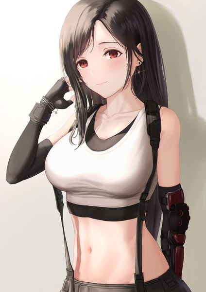 Anime picture 2894x4093 with final fantasy final fantasy vii final fantasy vii remake square enix tifa lockhart tooku0 single long hair tall image looking at viewer blush fringe highres breasts light erotic black hair simple background red eyes large breasts standing