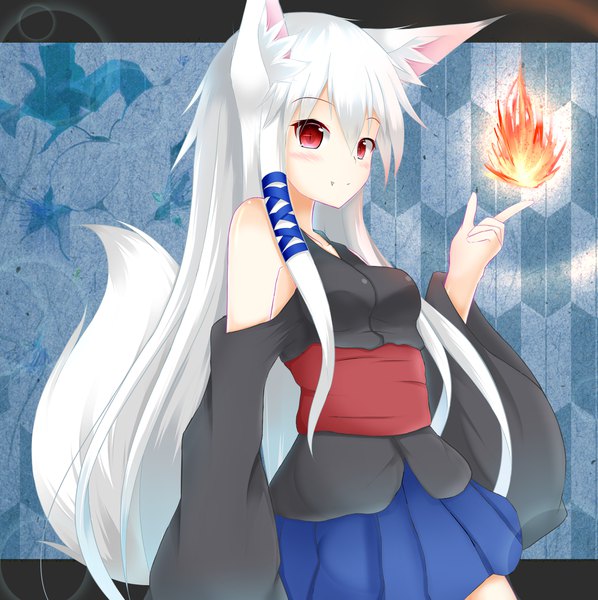 Anime picture 2057x2064 with original masa000010 single long hair tall image fringe highres simple background smile hair between eyes red eyes animal ears looking away white hair tail animal tail pleated skirt light smile wide sleeves fang (fangs)
