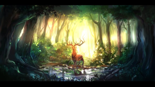 Anime picture 2560x1440 with original xunmieais highres wide image reflection no people landscape walking nature running plant (plants) animal tree (trees) water leaf (leaves) grass forest deer