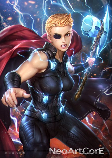Anime picture 800x1132 with marvel comics avengers thor (character) nudtawut thongmai single tall image short hair breasts blonde hair signed fingernails realistic inscription teeth grey eyes fighting stance clenched teeth genderswap lightning superhero