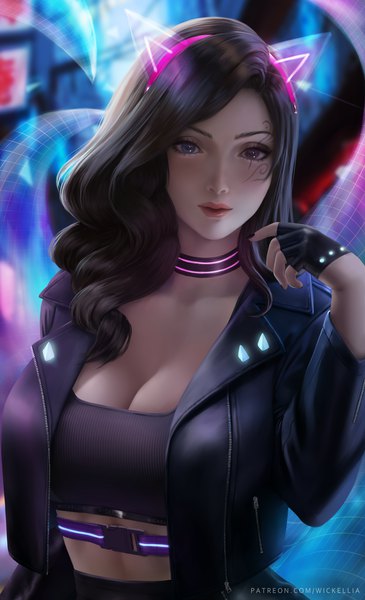 Anime picture 3780x6200 with blade & soul wickellia single long hair tall image looking at viewer fringe highres breasts blue eyes light erotic black hair purple eyes signed animal ears absurdres cleavage upper body nail polish arm up