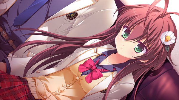Anime picture 1920x1080 with melty moment ayazaki sumire long hair highres brown hair wide image sitting green eyes game cg ahoge hair flower girl boy uniform hair ornament flower (flowers) school uniform bowtie
