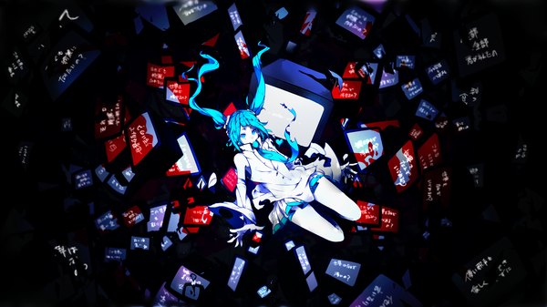 Anime picture 2500x1406 with vocaloid hatsune miku maam2828 single long hair looking at viewer highres wide image twintails pleated skirt aqua eyes aqua hair torn clothes weightlessness girl skirt miniskirt necktie television