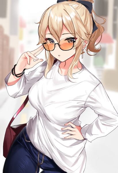 Anime picture 1004x1469 with genshin impact jean gunnhildr shengtian single tall image looking at viewer blush fringe short hair breasts blue eyes blonde hair hair between eyes large breasts payot outdoors ponytail parted lips arm up blurry