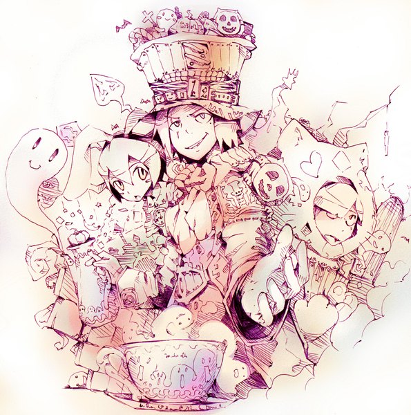 Anime picture 1100x1110 with alice in wonderland white rabbit cheshire cat mad hatter tou (pixiv) tall image bunny ears monochrome group detailed hat cross clock pocket watch teapot