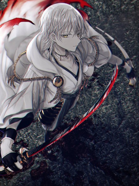 Anime picture 1049x1400 with touken ranbu nitroplus tsurumaru kuninaga abandon ranka single tall image looking at viewer short hair holding yellow eyes silver hair traditional clothes japanese clothes from above bloody clothes bloody weapon boy gloves weapon sword