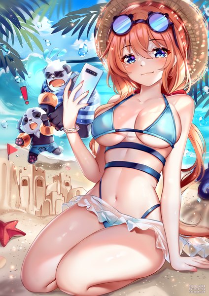 Anime picture 1000x1414 with original samantha (admiral bahroo) umeru (admiral bahroo) squchan single long hair tall image looking at viewer blush fringe breasts blue eyes light erotic smile hair between eyes large breasts sitting holding signed sky