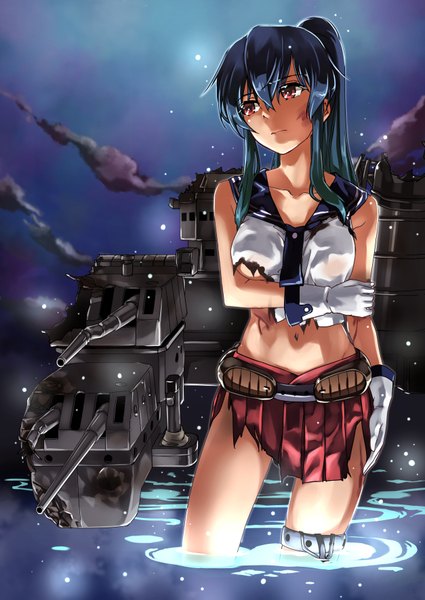 イラスト 2508x3541 と 艦隊これくしょん 矢矧(艦これ) caesar et cleopatra (abo) ソロ 長髪 長身像 highres light erotic 黒髪 赤い目 looking away 空 ポニーテール night torn clothes 女の子 スカート 手袋 へそ 武器