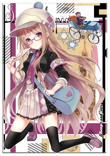 Anime picture 1000x1415 with original yuuki rika single tall image looking at viewer red eyes brown hair very long hair girl thighhighs dress black thighhighs glasses bag flat cap letter