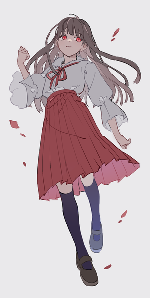 Anime picture 700x1386 with ib (game) ib (ib) kkaags single long hair tall image simple background red eyes brown hair looking away full body pleated skirt grey background girl skirt socks black socks red skirt blouse long skirt