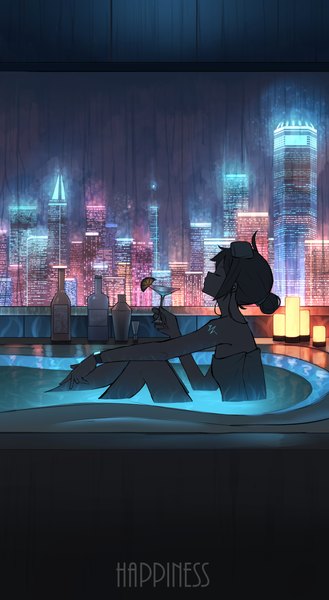 Anime picture 1424x2600 with original pasoputi single tall image short hair ahoge indoors eyes closed profile night hair bun (hair buns) text partially submerged english naked towel girl headphones building (buildings) bottle towel