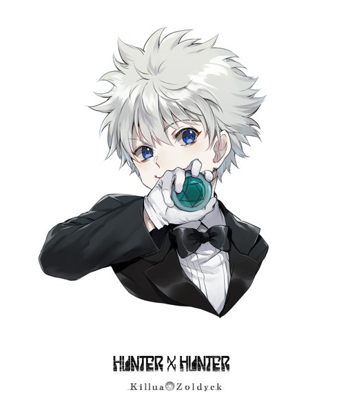 Anime picture 974x1181 with hunter x hunter killua zaoldyeck ekita xuan single tall image looking at viewer fringe short hair blue eyes simple background smile hair between eyes white background holding silver hair upper body copyright name character names portrait covered mouth