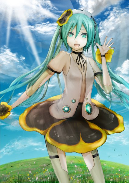 Anime picture 1736x2456 with project diva f vocaloid weekender girl (vocaloid) hatsune miku tty single long hair tall image highres breasts open mouth standing twintails holding sky cloud (clouds) arm up aqua eyes wind sunlight